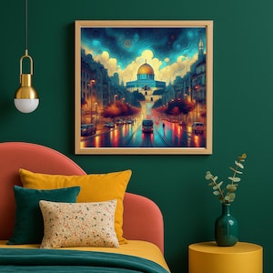 Jerusalem Surreal Cityscape Print: Dome of the Rock Judaica Art (PDF Download 40x40cm)