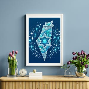 Póster digital con el mapa de Israel resplandeciente: estrella de David y arte judío brillante, decoración de pared sionista, regalo imprimible de Judaica