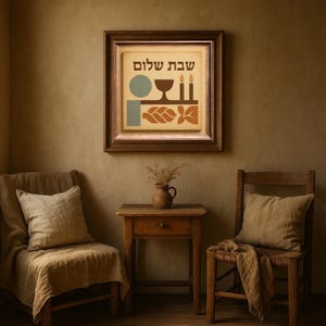 Peut inclure: Une œuvre d'art murale carrée encadrée présentant un fond crème avec des formes géométriques brunes et bleues, incluant un calice, deux bougies et des épis de blé, avec le texte hébreu "שבת שלום" imprimé en brun en haut de la composition.