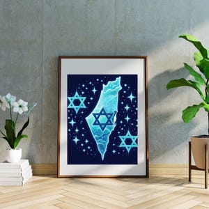 Póster digital con el mapa de Israel resplandeciente: estrella de David y arte judío brillante, decoración de pared sionista, regalo imprimible de Judaica