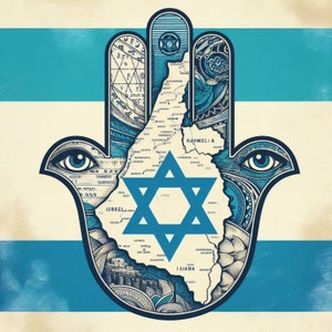 Arte mural imprimible de Hamsa con mapa de Israel: Estrella de David moderna, colores de la bandera israelí, descarga digital en PDF para el hogar judío y decoración sionista.