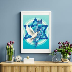 Impresión digital de la paloma de la paz y la estrella de David: arte judaico con el mapa de Israel, decoración sionista para el hogar, obsequio judío, bendición hebrea, arte mural azul de Israel