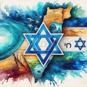 Flagge Israel, Karte des Landes Israel, Davidstern, jüdisches Design, jüdisches Wanddekor, jüdischer Druck, hebräischer Druck, hebräische Kunst, jüdische Kunst
