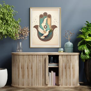 Hamsa Hand Art Print: White Dove, Jewish Symbols (Digital Download)