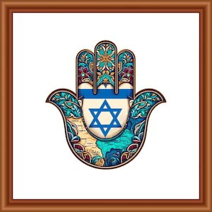 Mapa de Hamsa de Israel imprimible (PDF). Arte mural judío con estrella de David y símbolos cabalísticos.
