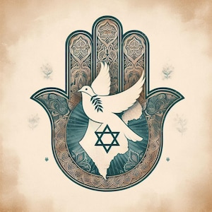 May include: A blue and brown hamsa hand with intricate details, featuring a white dove carrying an olive branch and a six-pointed star in the centre.