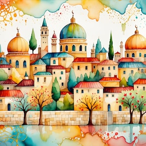 Water Colorst Jerusalem Skyline – Digital Download, Modern Jewish Wall Art, Printable Judaica Decor, Unique Gift for Home & Office