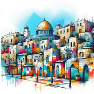 Art mural coloré de Jérusalem - Vieille ville PDF imprimable, décoration héritage juif, affiche d'Israël, téléchargement numérique haute résolution
