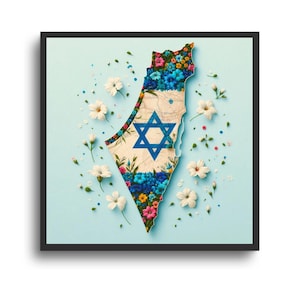 Mapa de la Tierra de Israel con flores, Estrella de David, diseño judío, decoración de pared judía, impresión judía, impresión hebrea, arte hebreo, arte judío