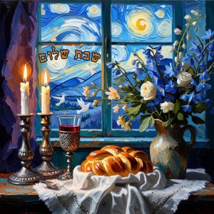 Shabbat Shalom Art Print: Jewish Sabbath Candles, Challah (Digital Download)