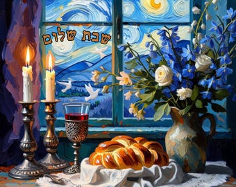 Shabbat Shalom Art Print: Jewish Sabbath Candles, Challah