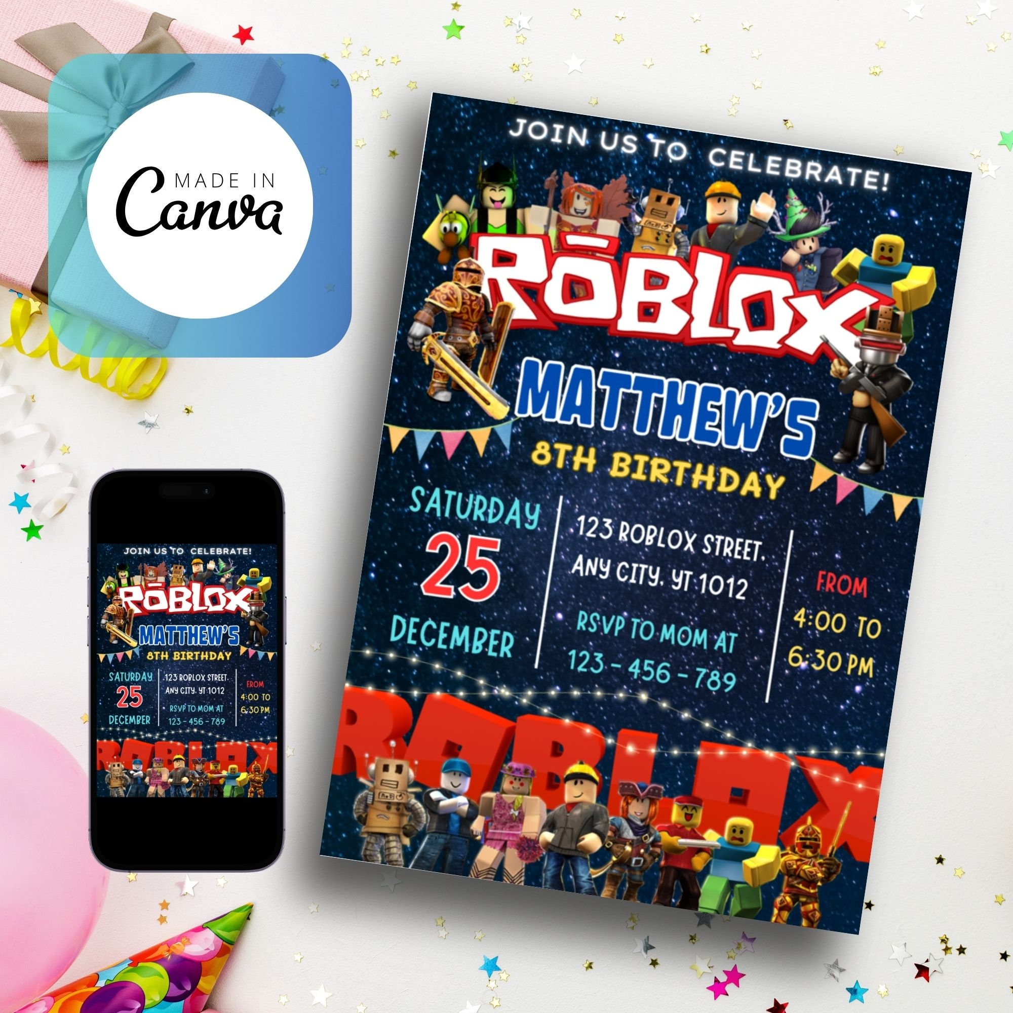 Roblox Birthday Party Invitation, Roblox Game Party, Roblox Invitation, Kids Roblox Invite ...