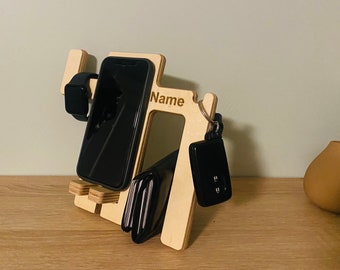 Phone stand docking station birch plywood natural wood / gift for him / house warming / fathers day / gadget / stuff holder / personalized