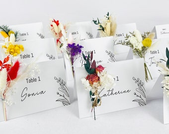 Individueller Tischteller mit getrockneten Blumen, Tischkarten für Hochzeiten, Tischkarten mit echten Blumen, Blumen-Ortsnamen