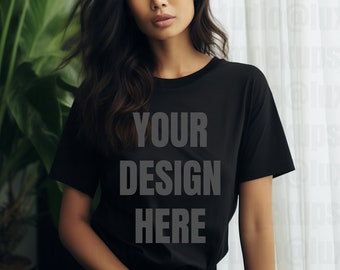 Maqueta de camiseta negra Bella Canvas / Maqueta de modelo / Fotografía de moda / Vista frontal / Decoración mínima / Descarga digital para diseñadores