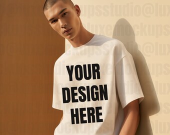 Maqueta de camiseta blanca Gildan 5000 / Fotografía editorial de moda / Vista frontal / Descarga digital para diseñadores
