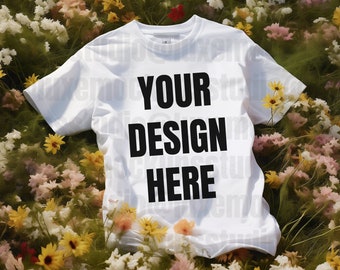 Bella Canvas 3001 Camiseta blanca / Fotografía de moda comercial / Cama de flores / Flat Lay / Descarga digital para diseñadores