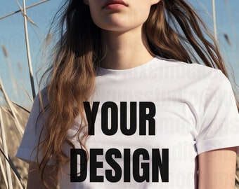 Mujer en blanco Bella Canvas camiseta maqueta / fotografía de moda / vista frontal / campo de hierba / descarga digital para diseñadores