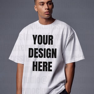 luxury streetwear photo mockup of male standing in white oversized t shirt