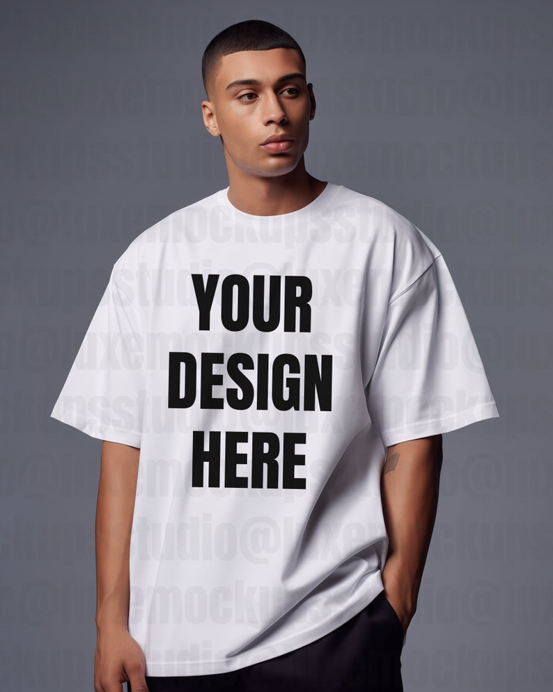 luxury streetwear photo mockup of male standing in white oversized t shirt