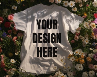 Gildan 5000 White T-Shirt in Bed of Flowers Mockup | Fashion Photography | Front View | Flower Field | Easter