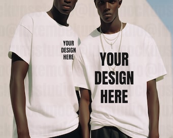 Paquete de maquetas de camiseta blanca Gildan 5000 / Fotografía editorial de moda / 4 poses / Descarga digital para diseñadores /