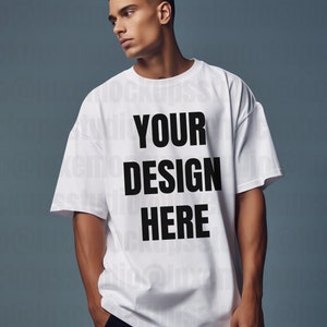 luxury streetwear photo mockup of male standing in white oversized t shirt