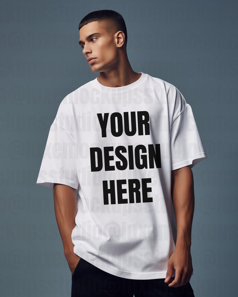 luxury streetwear photo mockup of male standing in white oversized t shirt