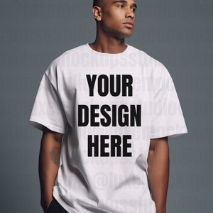 luxury streetwear photo mockup of male standing in white oversized t shirt