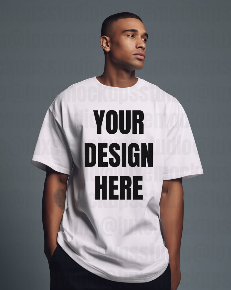 luxury streetwear photo mockup of male standing in white oversized t shirt