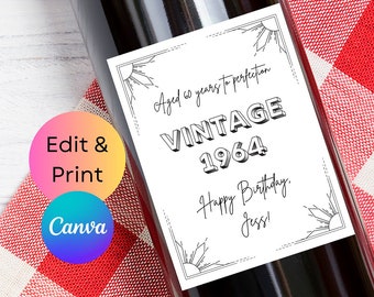 Editable Birthday Wine Label Template, Personalised Vintage Printable Birthday Wine Label Template Digital Download Gift Instant Download