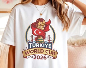 Maglietta con il trofeo della Coppa del Mondo di calcio 2026 (Türkiye), maglietta con la bandiera turca