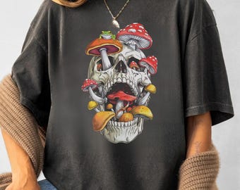 Maglietta con illustrazione di teschio e fungo, maglietta con grafica di funghi psichedelici, maglietta a tema droga