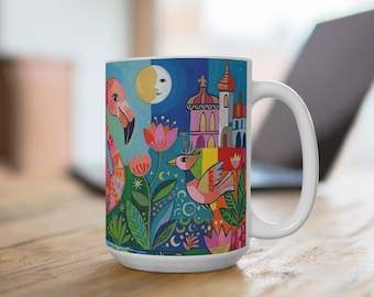 Tazza con fenicottero in stile folk art, illustrazione colorata di uccello tropicale, regalo ideale per gli amanti della natura.