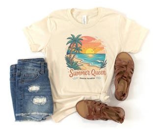 Maglietta estiva con tramonto sulla spiaggia di Queen, palme e oceano, maglietta estiva