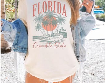 Maglietta con grafica "Florida Crocodile State", palme al tramonto, maglietta estiva