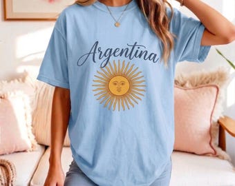 T-shirt vintage con stampa del sole argentino, maglietta da viaggio in cotone leggero, abbigliamento con colori personalizzati