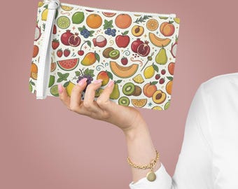 Pochette con motivo fruttato colorato, borsetta con design fruttato, borsa in pelle sintetica Saffiano