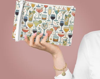 Pochette con motivo cocktail, stampa illustrata di bevande, accessorio ideale per una serata al bar.