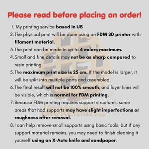 May include: Text on a light gray background reads "Please read before placing an order!" followed by numbered points about 3D printing services, including maximum print size of 25 cm.