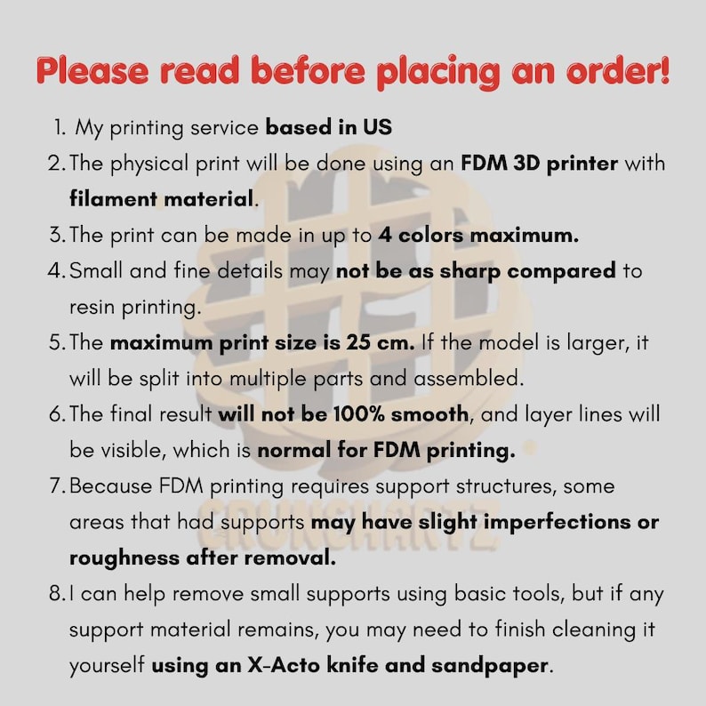 May include: Text on a light gray background reads "Please read before placing an order!" followed by numbered points about 3D printing services, including maximum print size of 25 cm.