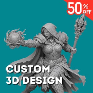 May include: A detailed 3D model of a female warrior in ornate armor, holding a glowing orb in one hand and a staff in the other. The image includes the text "CUSTOM 3D DESIGN" and a "50% OFF" promotion, all set against a teal background.