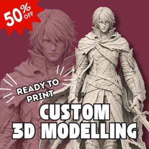 May include: A light grey 3D model of a fantasy warrior figure with layered armour, a high collar, and a sword. The image includes text that reads 50% OFF, READY TO PRINT, and CUSTOM 3D MODELLING against a dark red background.