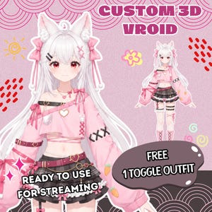 Pode incluir: Um modelo de personagem 3D VRoid com cabelo branco, orelhas de animal e olhos vermelhos, vestindo um top curto rosa de manga comprida e uma saia plissada preta. O texto diz CUSTOM 3D VROID, READY TO USE FOR STREAMING, FREE 1 TOGGLE OUTFIT.