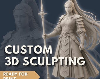 May include: A monochromatic 3D figurine of a warrior with a high ponytail, wearing detailed plate armor and holding a long spear. The image features the text CUSTOM 3D SCULPTING and READY FOR PRINT in bold white and black lettering against a dark background.