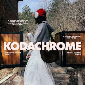May include: A woman wearing a red and white hat and a white skirt walks past two wooden doors with the text "KODACHROME" in large pink letters. The text "LIGHTROOM MOBILE PRESET" is below the word "KODACHROME" on the left door. The text "KODACHROME 64 AND 50S TONES" is above the word "KODACHROME" on the right door. The text "MOGAL GRAPHIC STUDIO" is below the word "KODACHROME" on the right door.