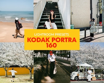 May include: A collage of lifestyle photos with a warm, vintage aesthetic. The images feature people in various outdoor settings, including a beach, city streets, and under blooming trees. The text "LIGHTROOM PRESETS KODAK PORTRA 160" is displayed on a yellow background.