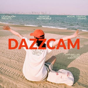 May include: A person wearing an orange cap and white t-shirt with the text "DAZZCAM" in large red letters. The image includes the text "LIGHTROOM PRESETS", "DESKTOP AND MOBILE", and "MOGAL GRAPHIC STUDIO". A bag with the text "PIZZA" is on the sand.