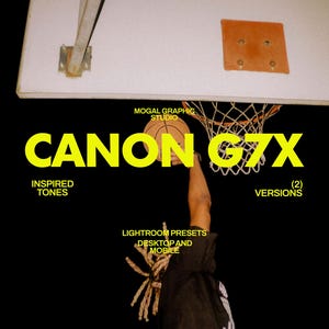May include: A basketball hoop with a basketball being shot. The image features the text "CANON G7X" in large yellow letters, with additional text indicating "INSPIRED TONES" and "VERSIONS". The image also mentions "LIGHTROOM PRESETS DESKTOP AND MOBILE".
