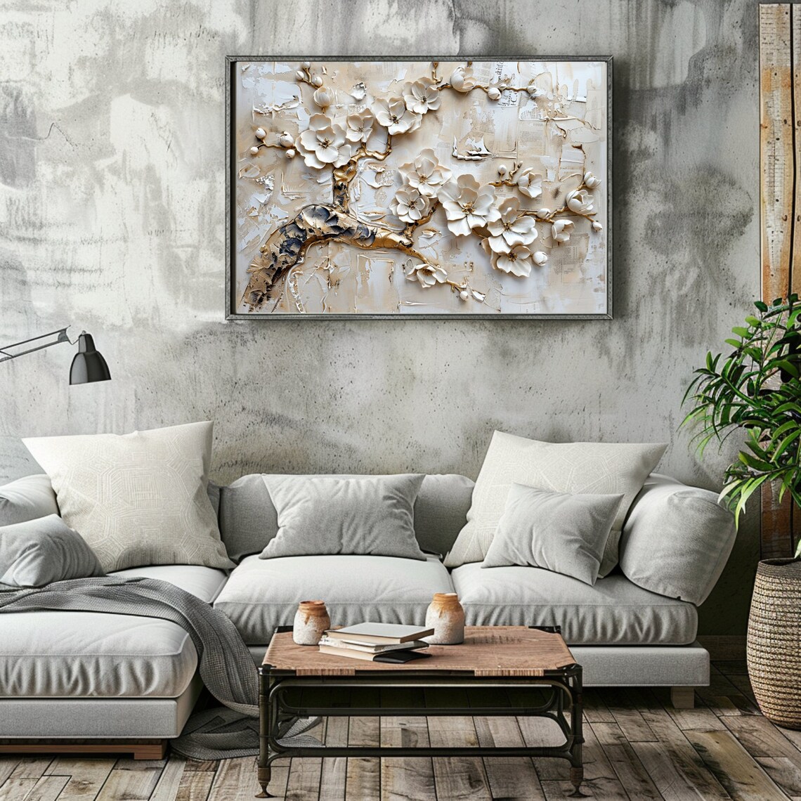 Large CHERRY BLOSSOMS Wall ART in A White and Beige Palette – Digital ...